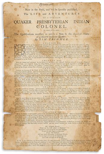 (EARLY AMERICAN IMPRINT.) Now in the Press . . . The Life and Adventures of a Certain Quaker Presbyterian Indian Colonel.                        